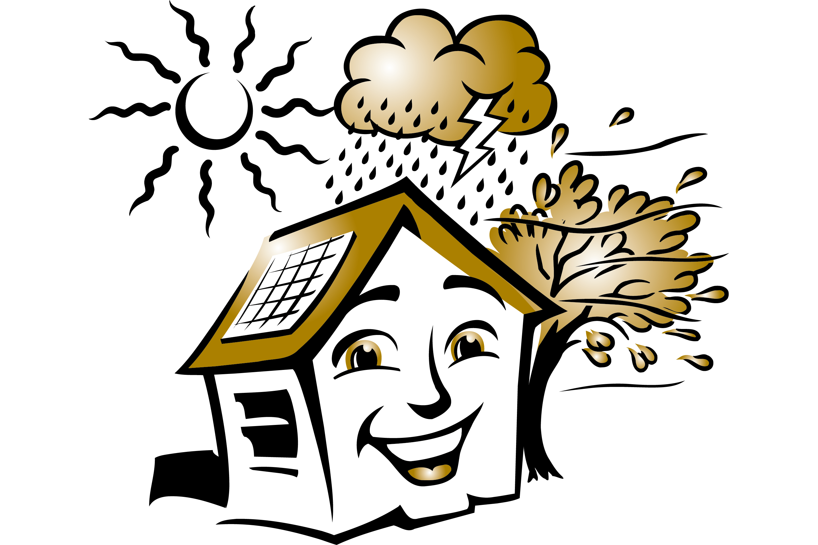 House with solar panels, sun shining, cloud with lightning and rain and the tree with wind blowing through it.