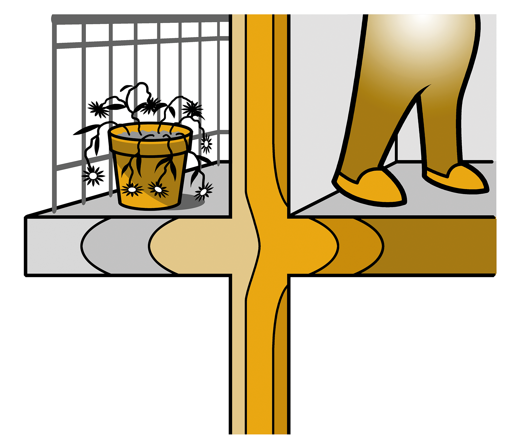 Section view of a floor to balcony slab, showing temperature gradient through the construction detail. A plant wilts in the cold outside. A person is inside, the gradient shows that the corner of the room is colder than the main part of the room.