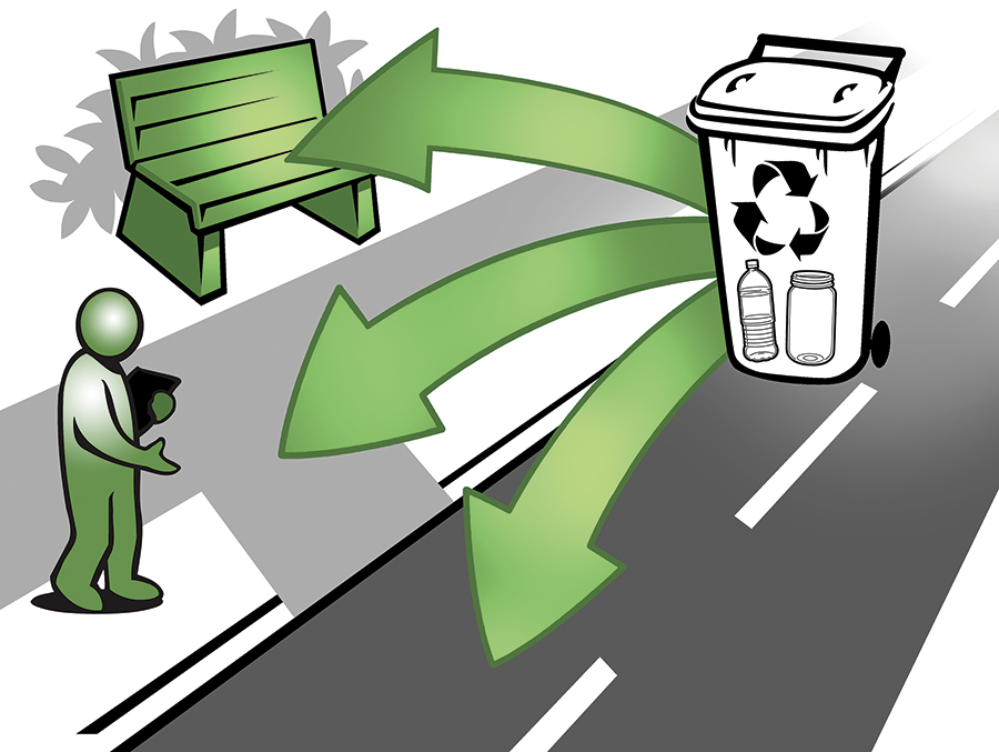 A recycling bin contains a plastic bottle and a glass jar. Three arrows point to the road, the footpath, and a bench seat, signifying that recycled materials can be used in this infrastructure. A person carrying a clipboard is inspecting the area.