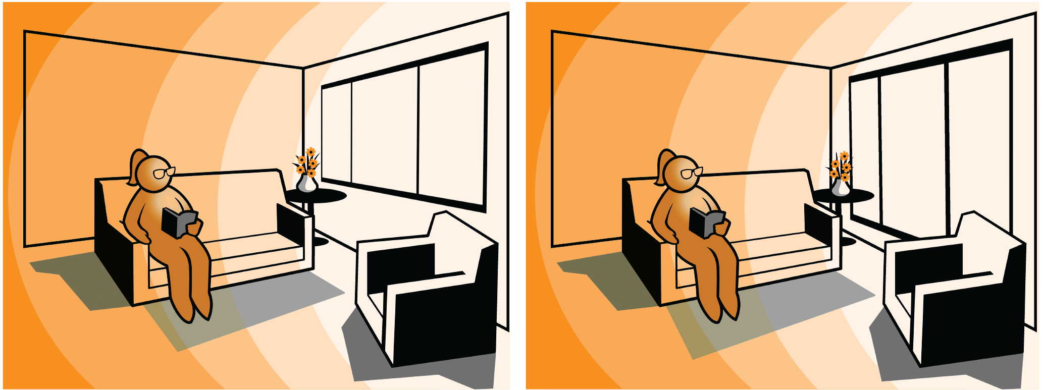 Person seated reading book next to medium and large windows with similar daylight access.