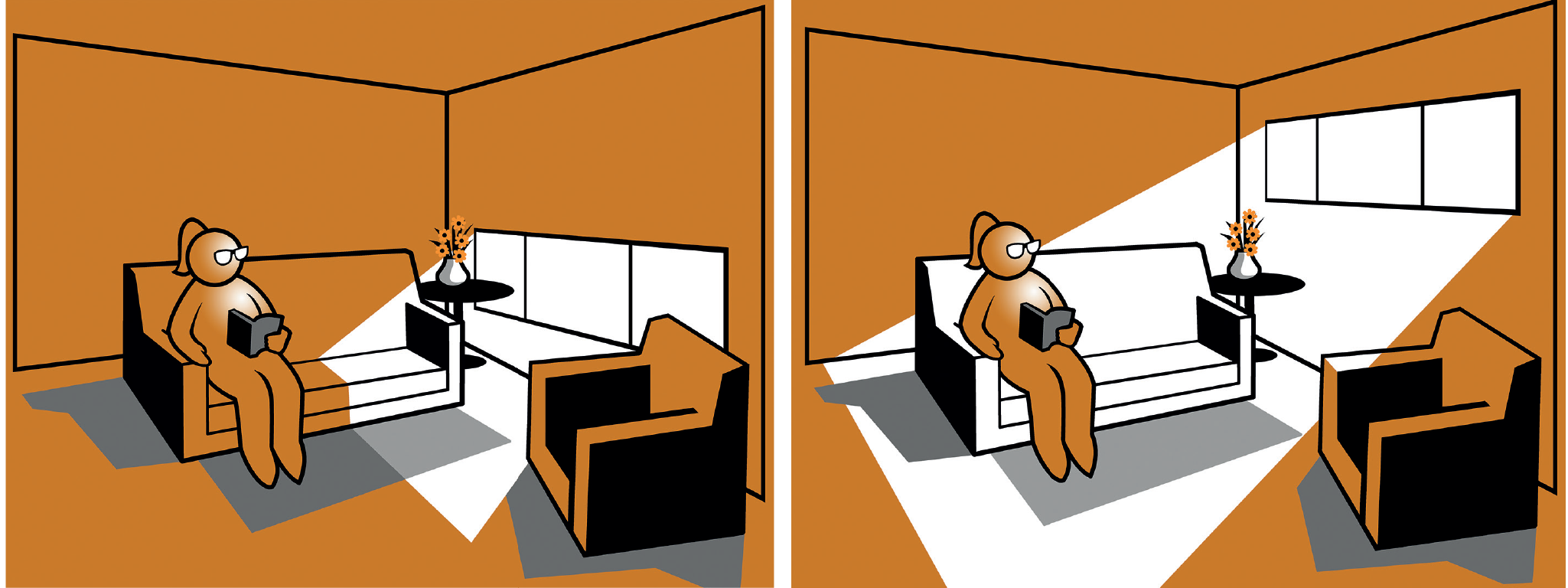 Person seated reading book next to a low and high window with variable daylight