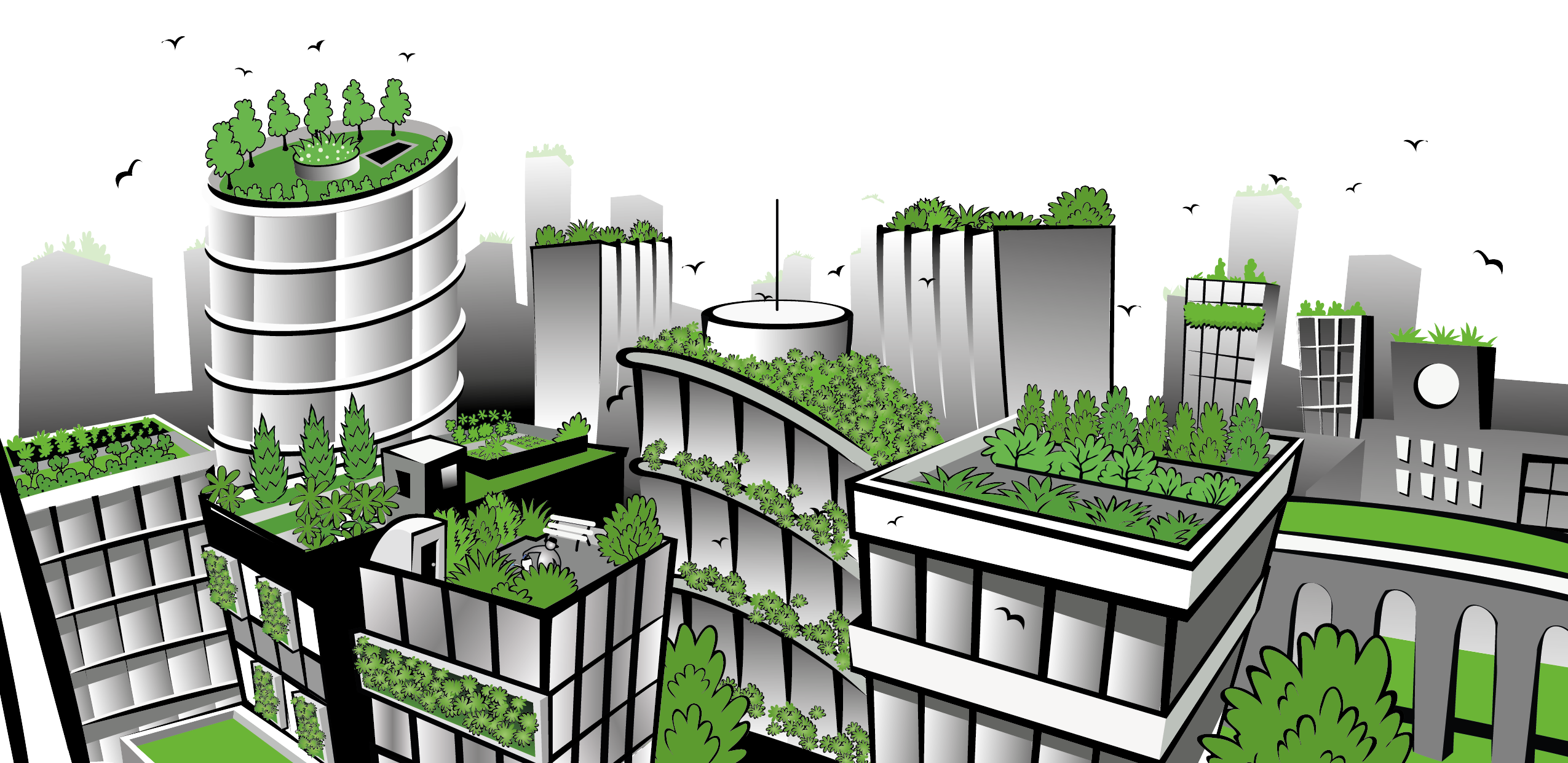 City views of buildings with a variety of green roofs and walls.