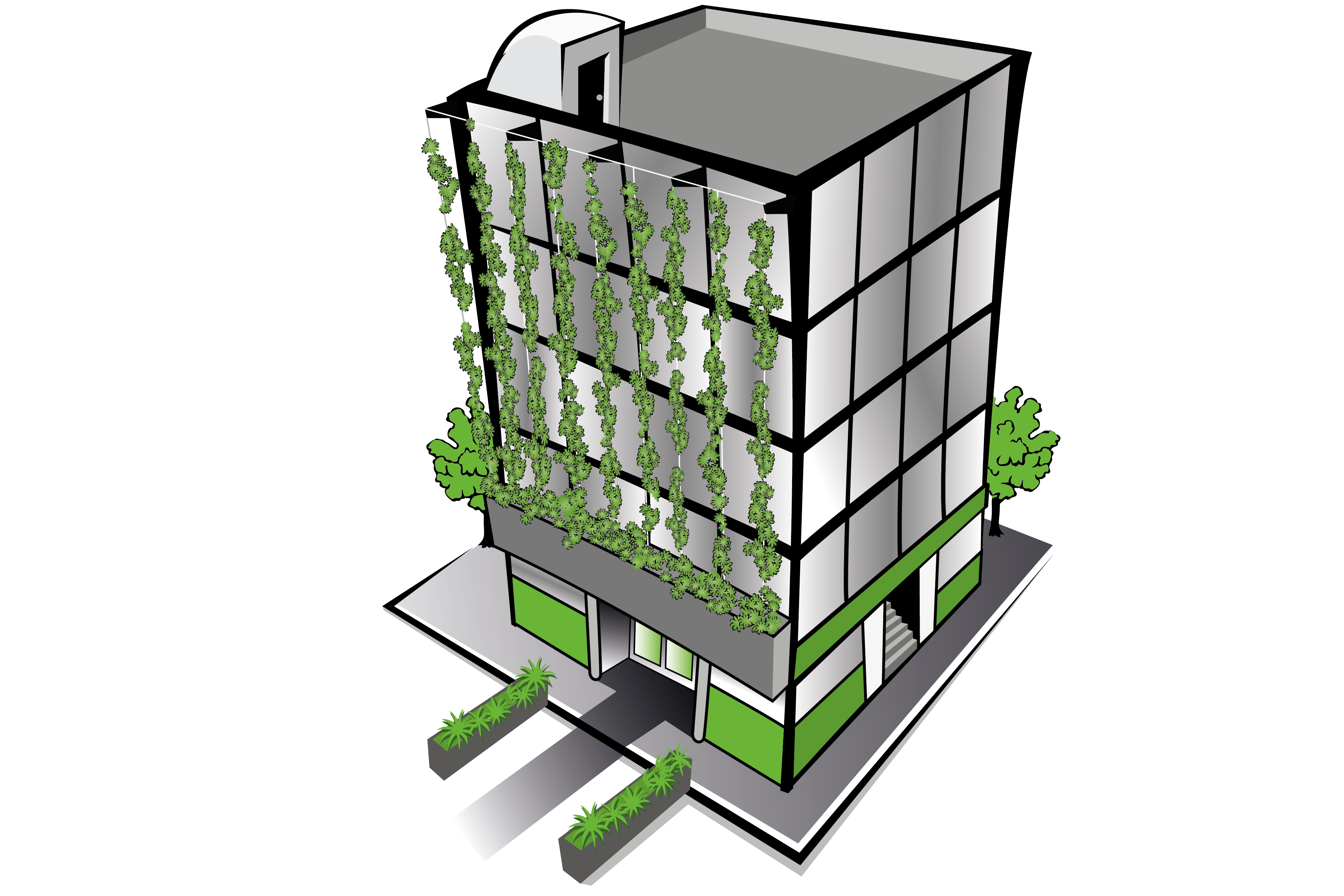 Multi-storey building with green vegetation installed vertically along the building facade.