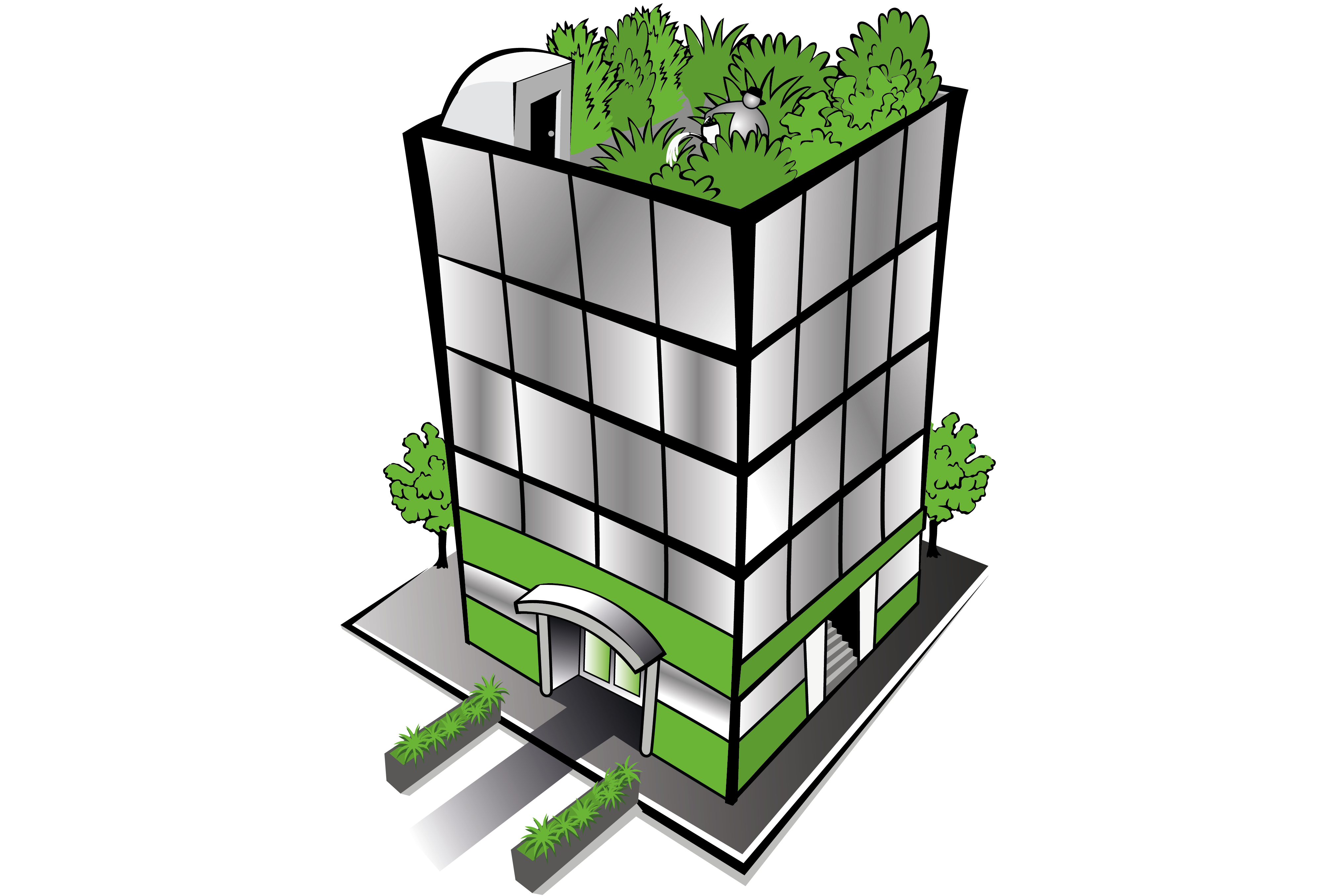 Multi-storey building with green vegetation installed on the building roof.