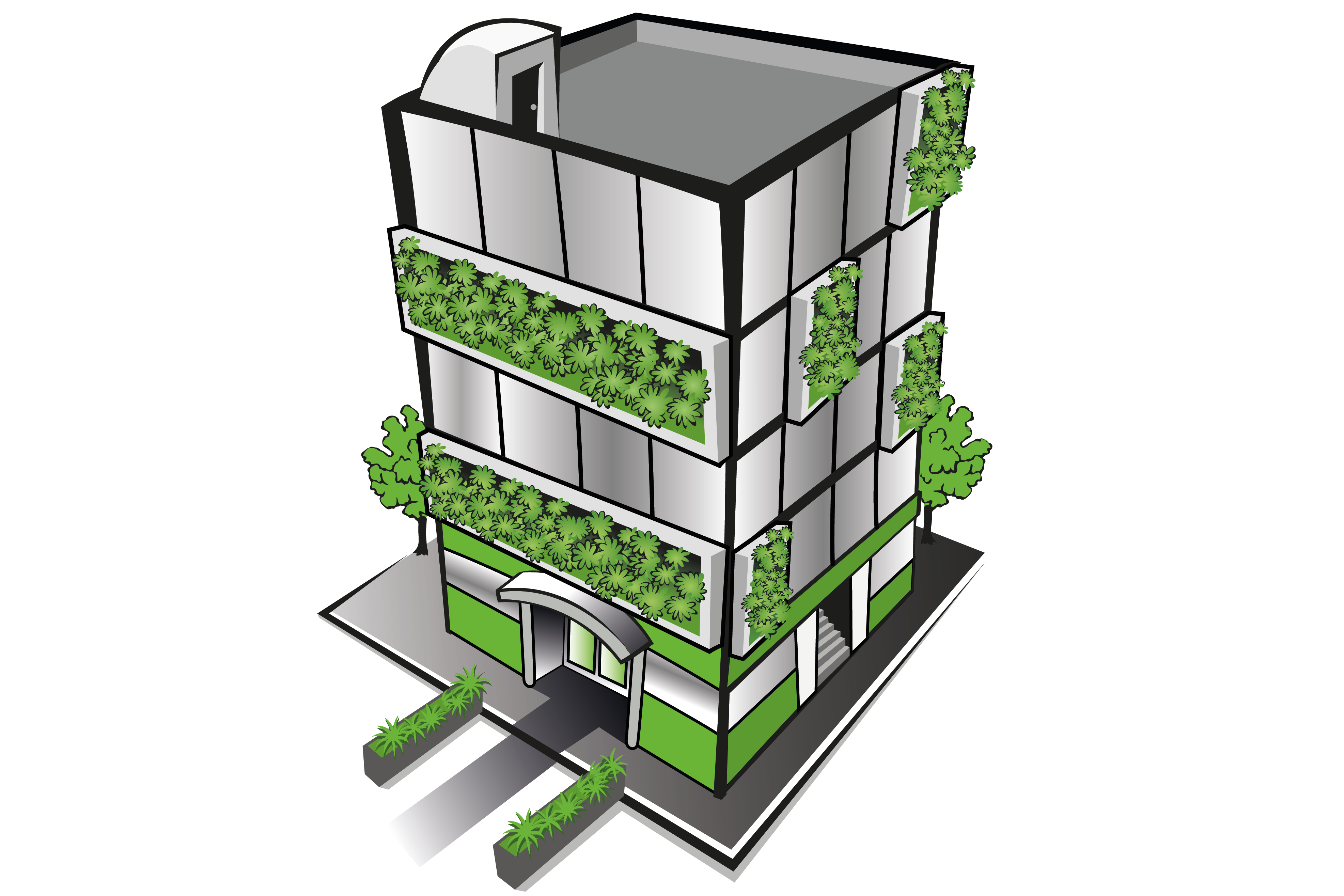Multi-storey building with green vegetation installed along the building wall.