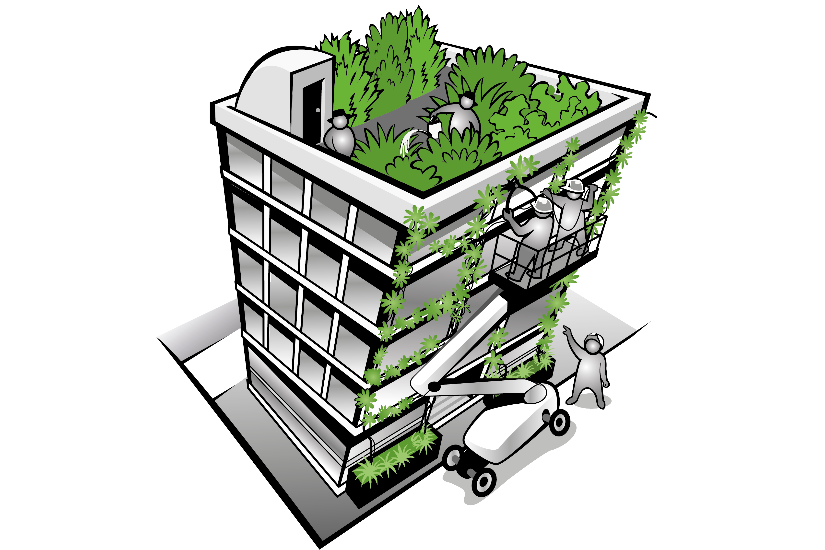 Multi-storey building with green roof, wall and facade with person in crane undertaking maintenance.