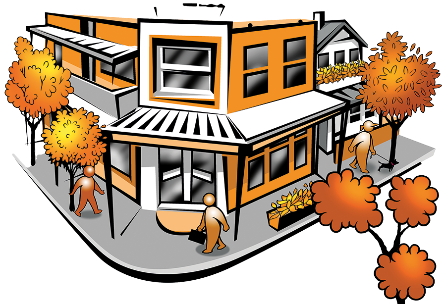 Local shops with pedestrians and street trees.
