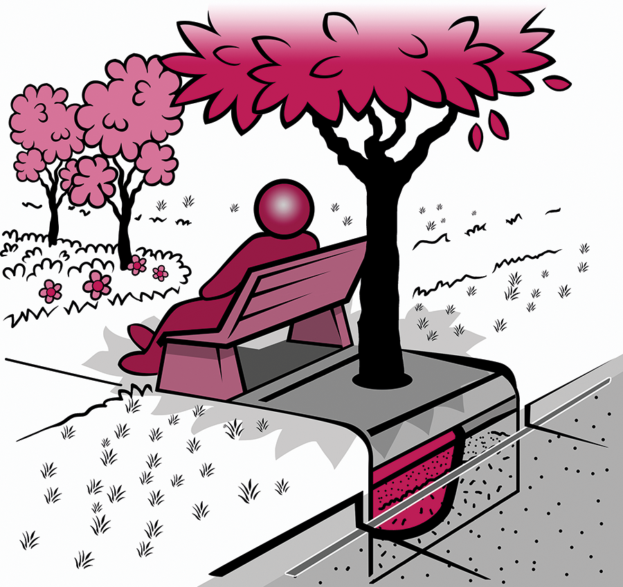 A person sits on a bench in the shade of a tree with a tree pit.