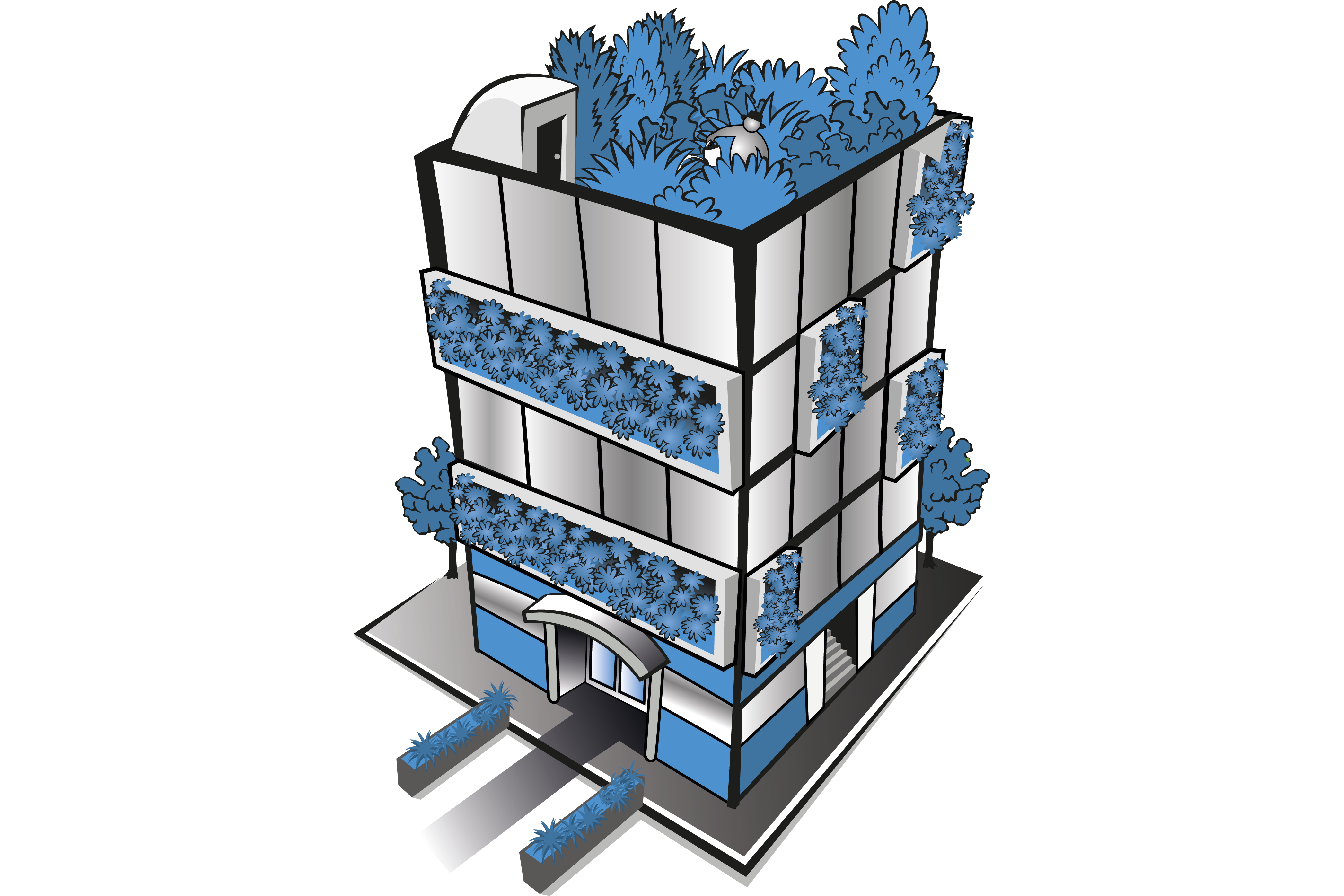Multi-storey building with green walls and roofs absorbing stormwater run off