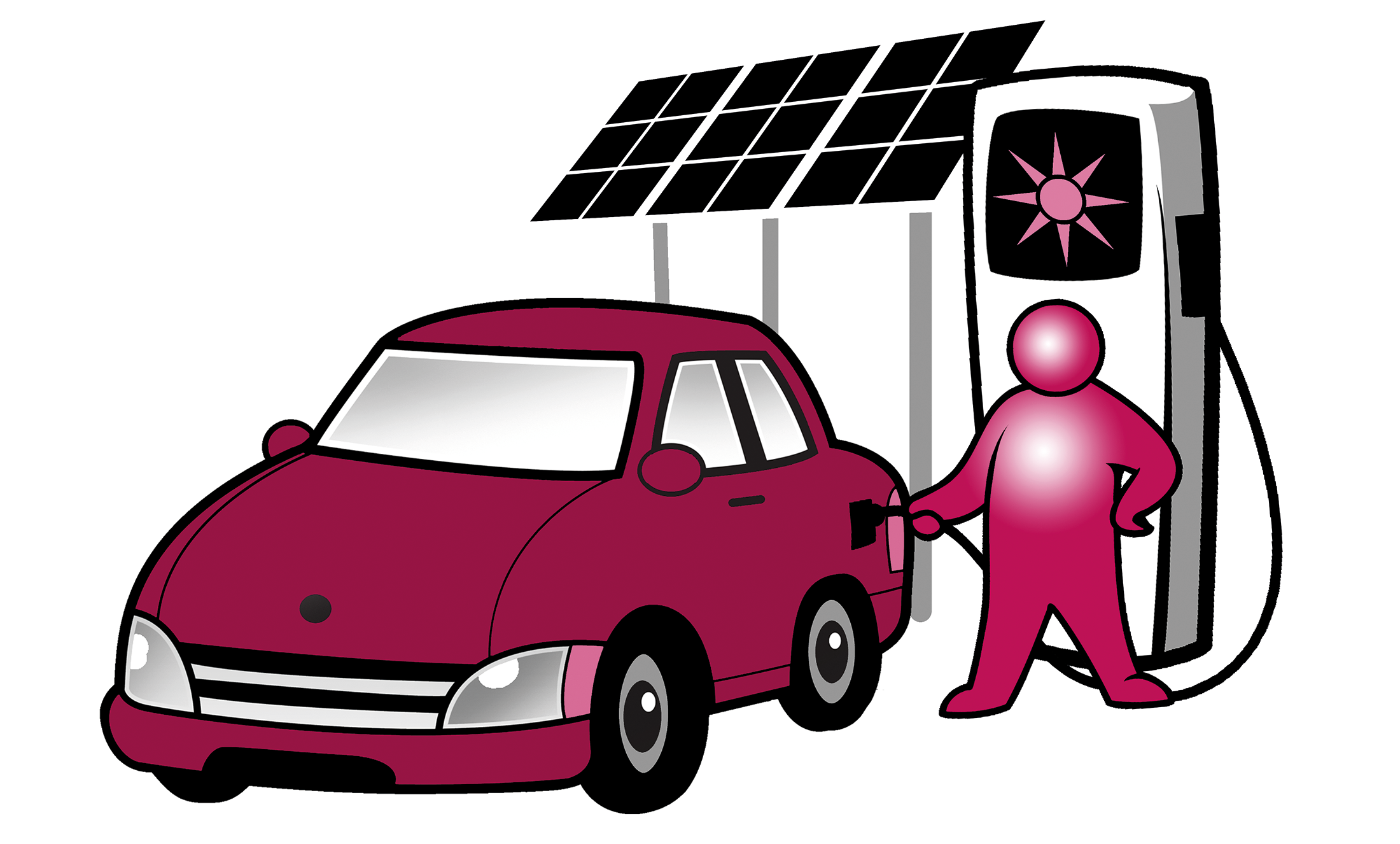 Person charging electric vehicle with pump, connected to solar power.