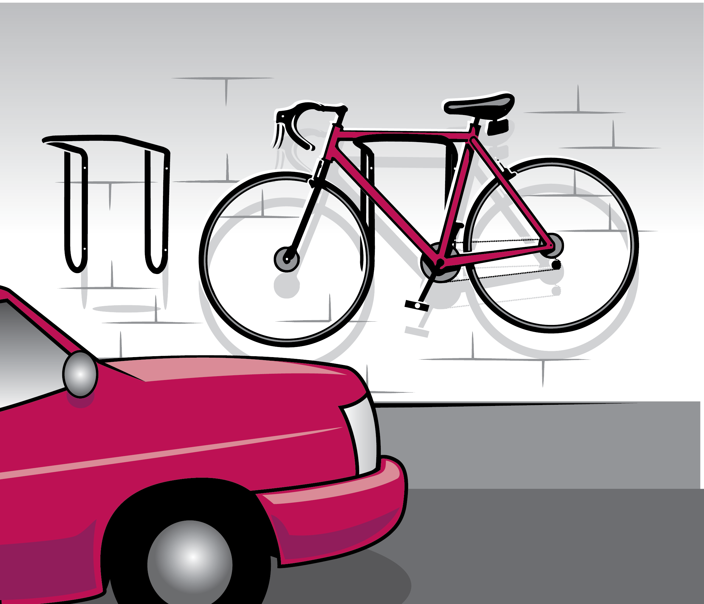 Wall mounted bike rack, with bike hanging horizontally.