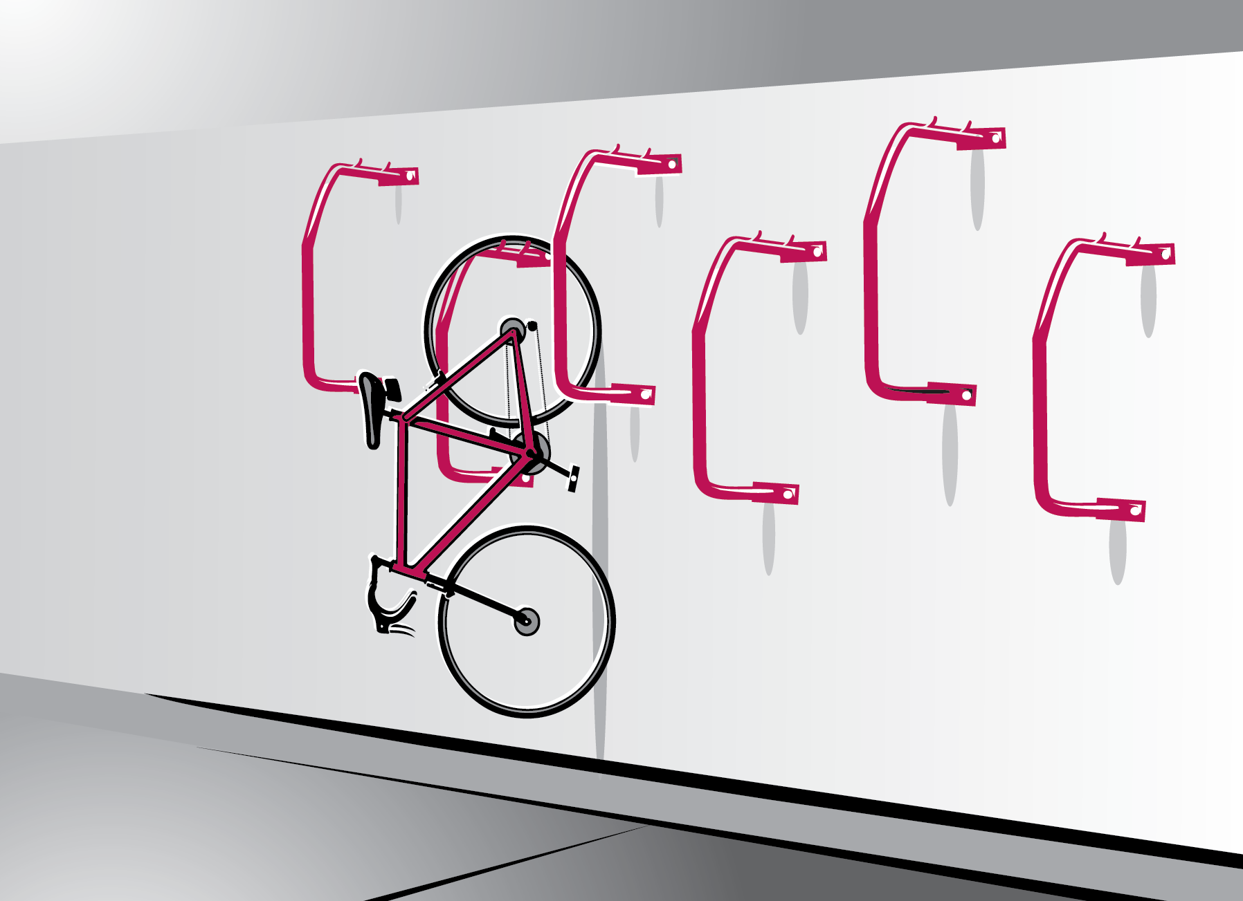 Wall mounted or framed free standing, with bike hanging vertically.