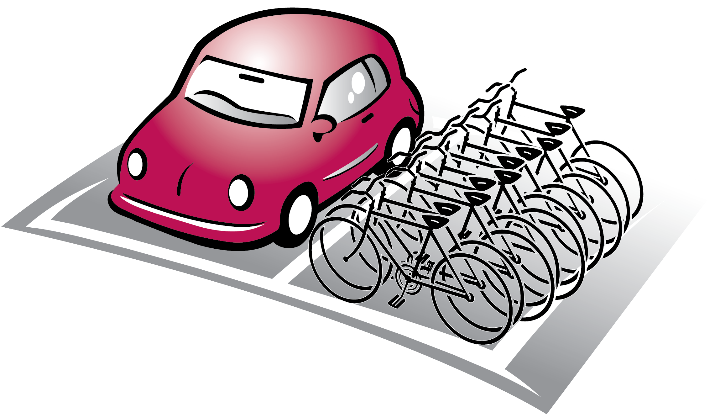 Two adjacent car parks including one car and 14 bikes.