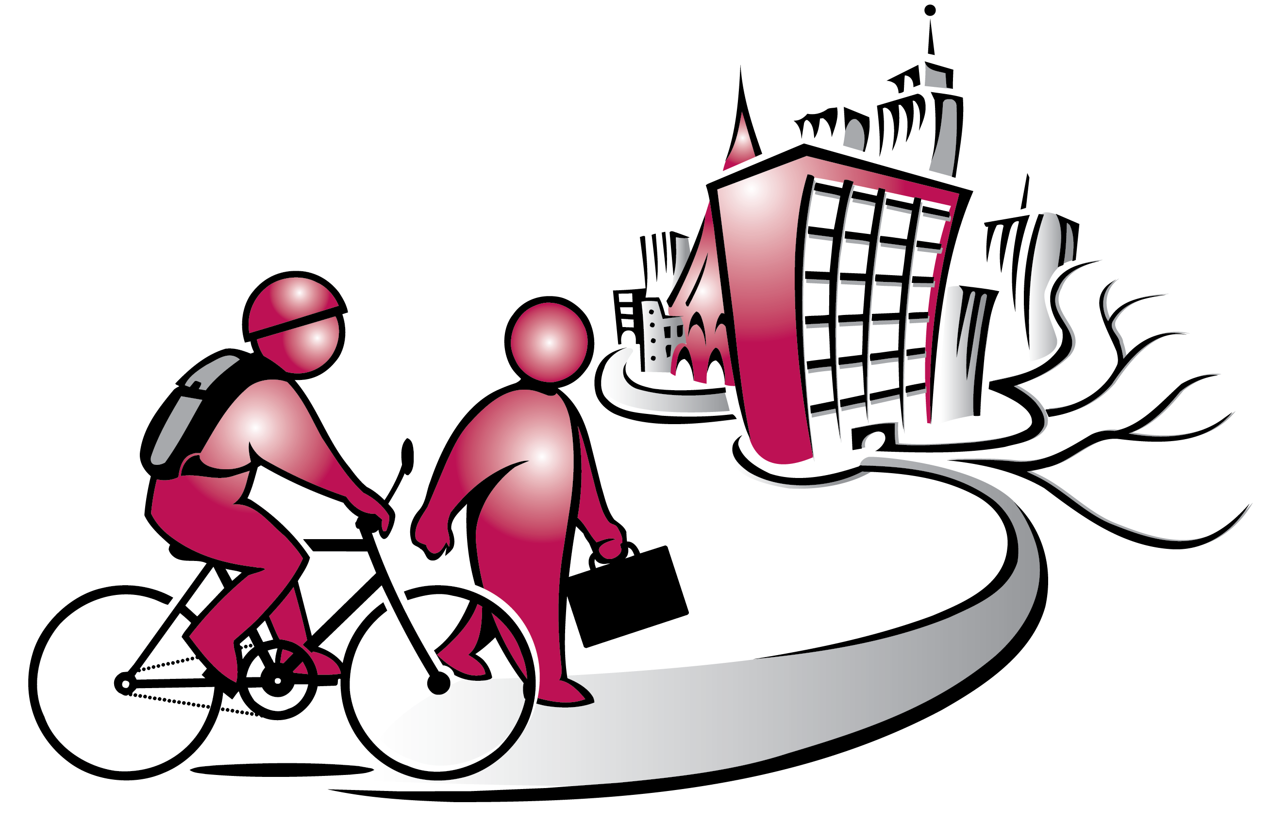 Person with briefcase walking with person on bicycle on route to work in the city.