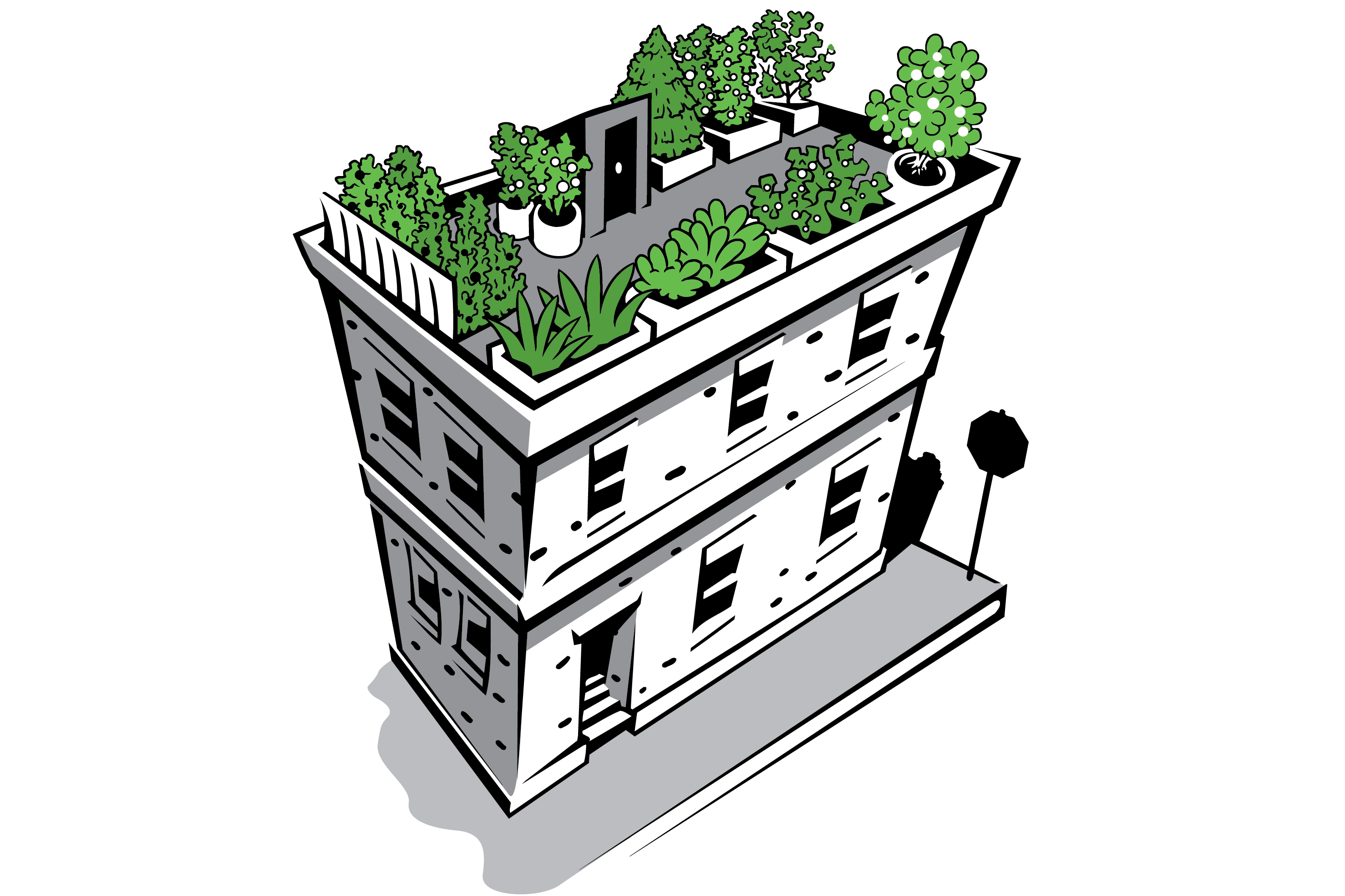 Two storey building with green roof.