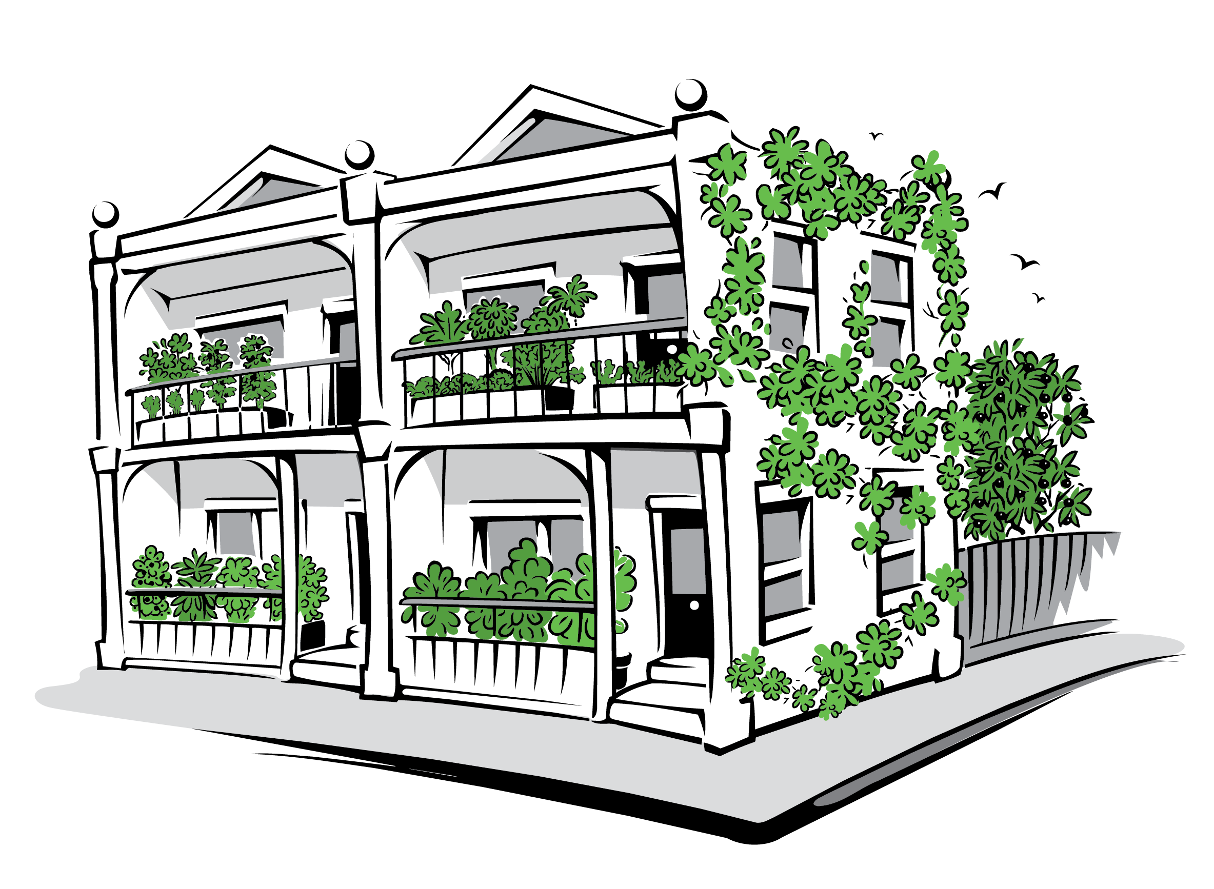 Two storey terrace house with balcony garden and green wall.