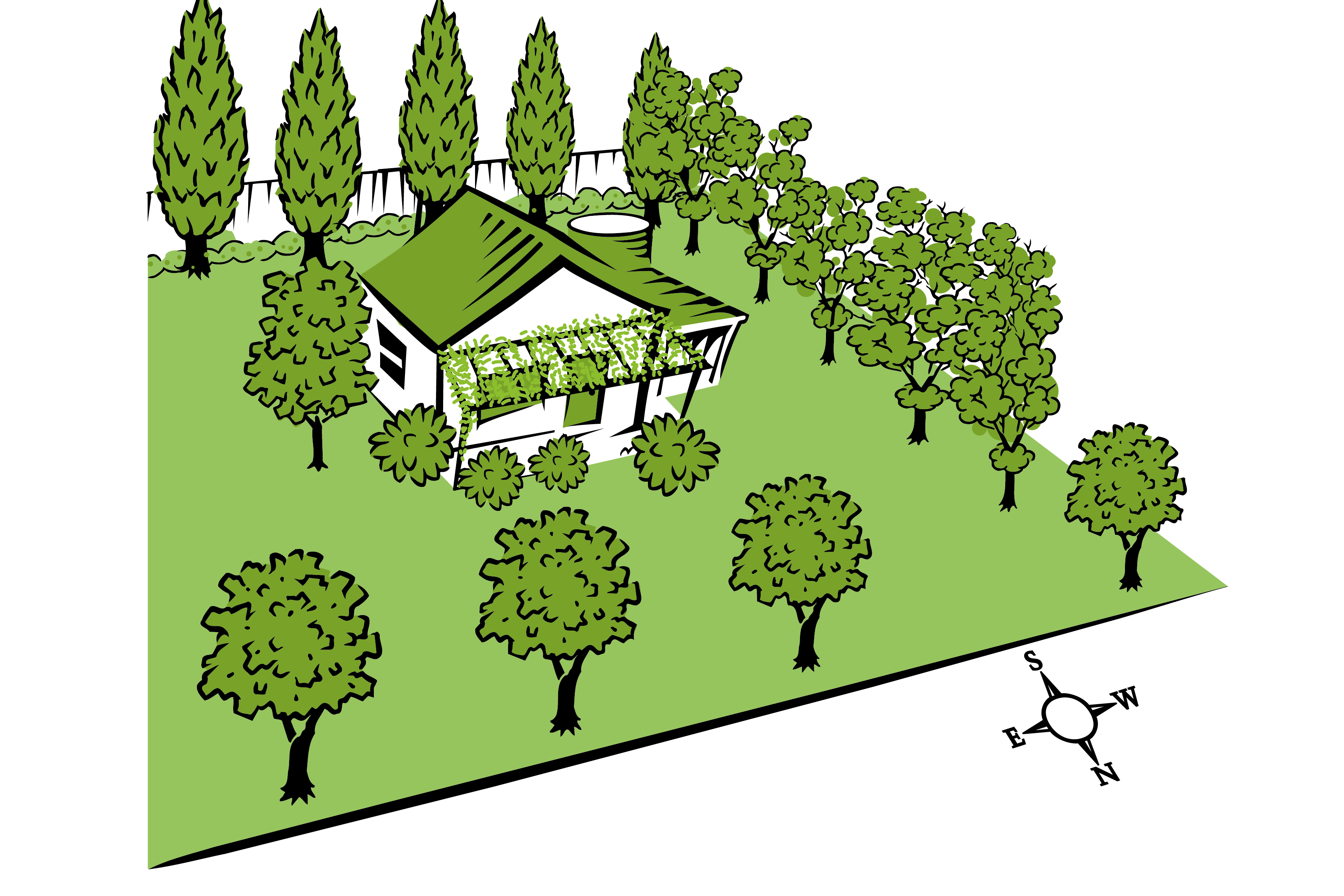 House surrounded by a variety of vegetation. There is a pergolas with vines on the northern façade.
