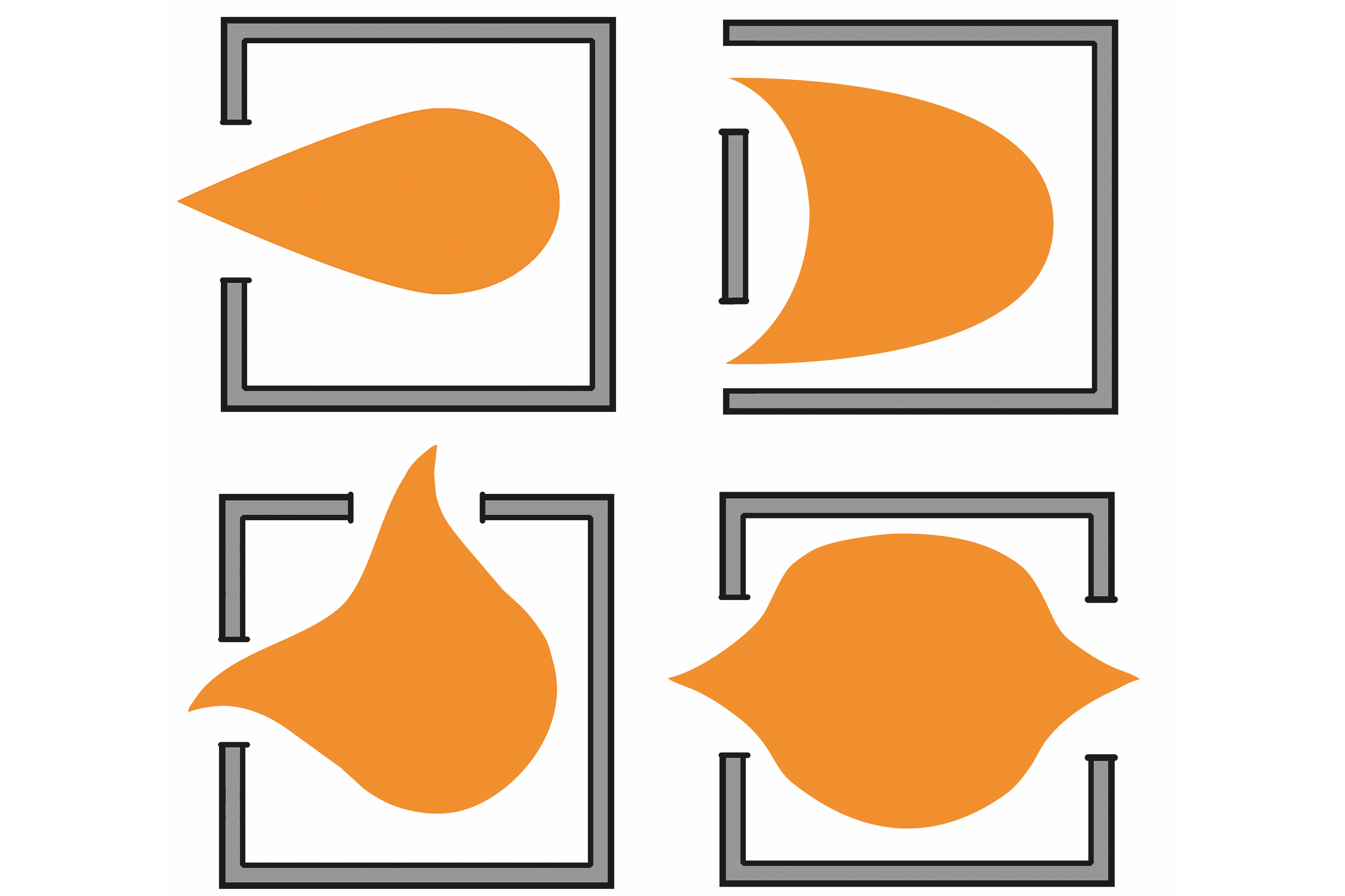 Plan view of rooms showing how natural ventilation is effected by window placement. The rooms are (from least effective to most effective): a) single opening, b) two openings on the same wall, c) openings on adjacent walls and d) openings on opposite walls.