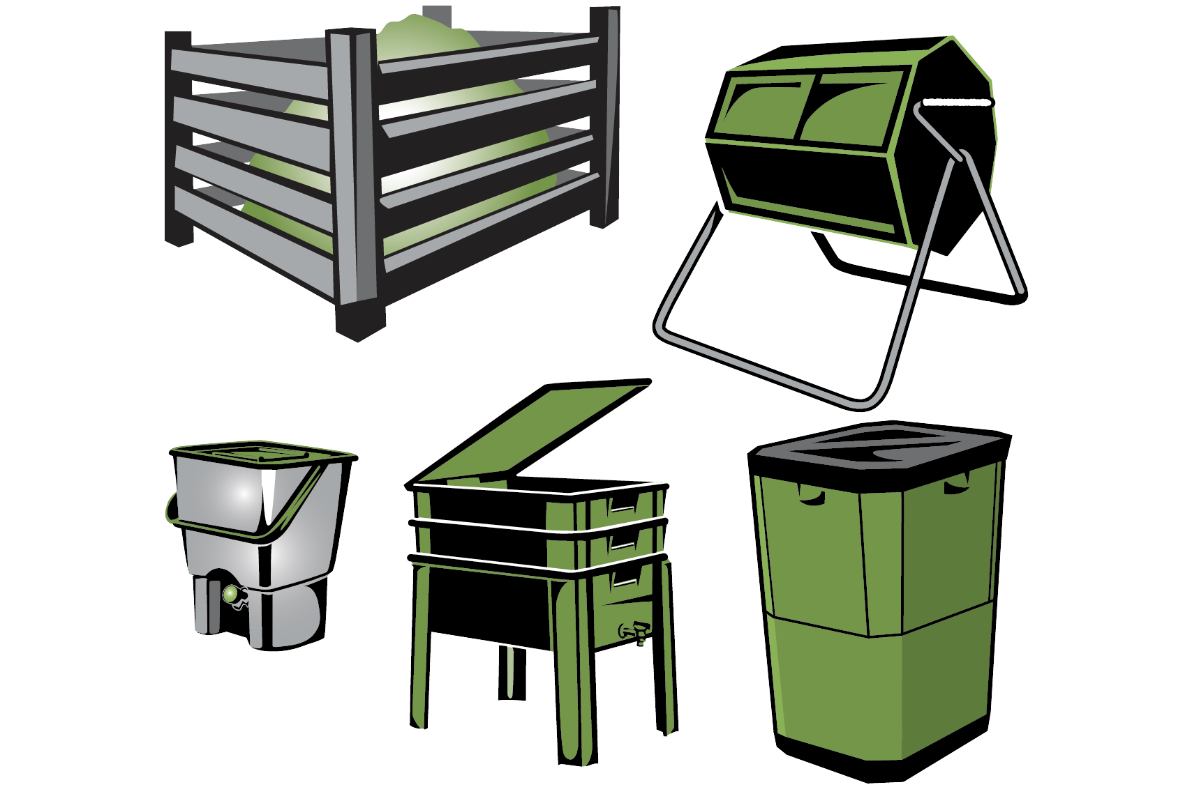 Illustrations of composting options as described in the caption