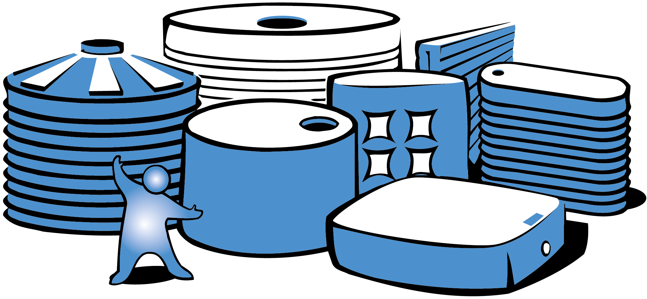 A person standing front of a number of water tanks of various types and sizes.